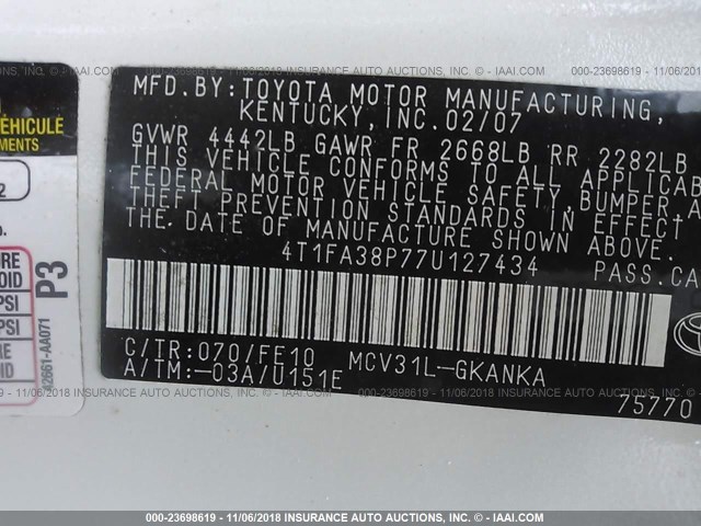 4T1FA38P77U127434 - 2007 TOYOTA CAMRY SOLARA SE/SLE Ağ foto 9