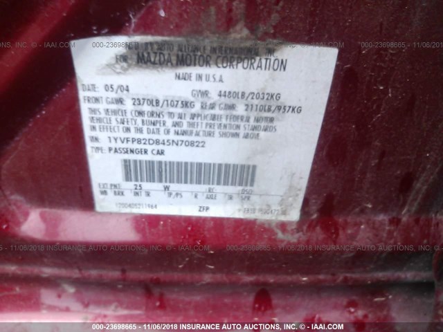 1YVFP82D845N70822 - 2004 MAZDA 6 S RED photo 9