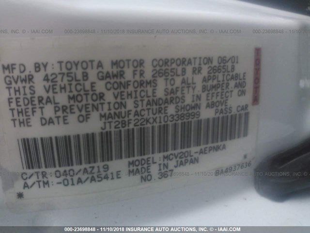 JT2BF22KX10338999 - 2001 TOYOTA CAMRY CE/LE/XLE WHITE photo 9