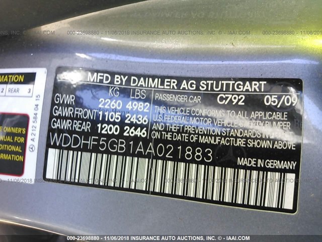 WDDHF5GB1AA021883 - 2010 MERCEDES-BENZ E 350 GRAY photo 9