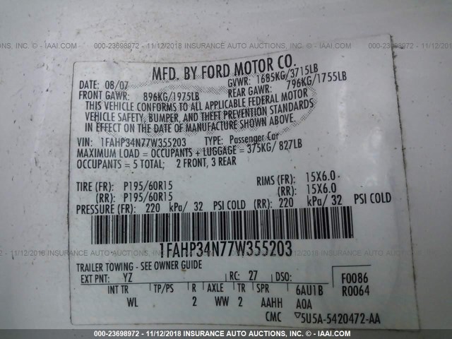 1FAHP34N77W355203 - 2007 FORD FOCUS ZX4/S/SE/SES WHITE photo 8