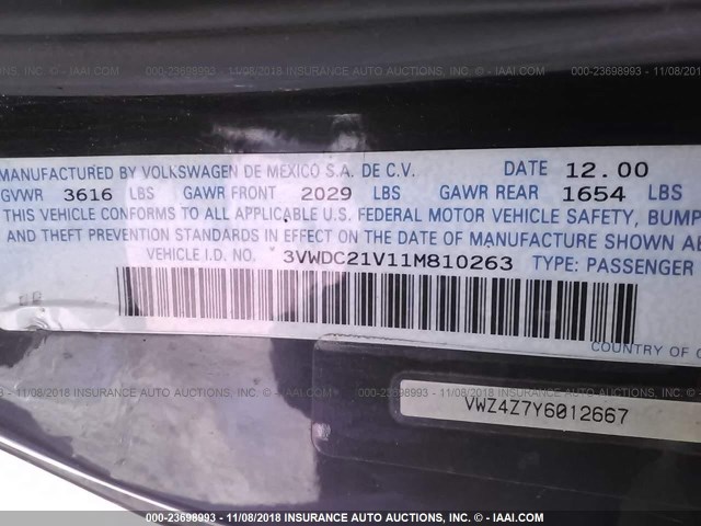 3VWDC21V11M810263 - 2001 VOLKSWAGEN CABRIO GLX 蓝色 照片 9