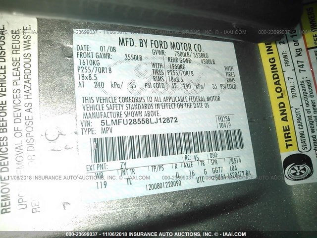 5LMFU28558LJ12872 - 2008 LINCOLN NAVIGATOR 棕色 照片 9