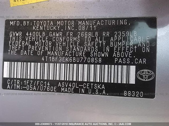 4T1BF3EK6BU770858 - 2011 TOYOTA CAMRY SE/LE/XLE SILVER photo 9