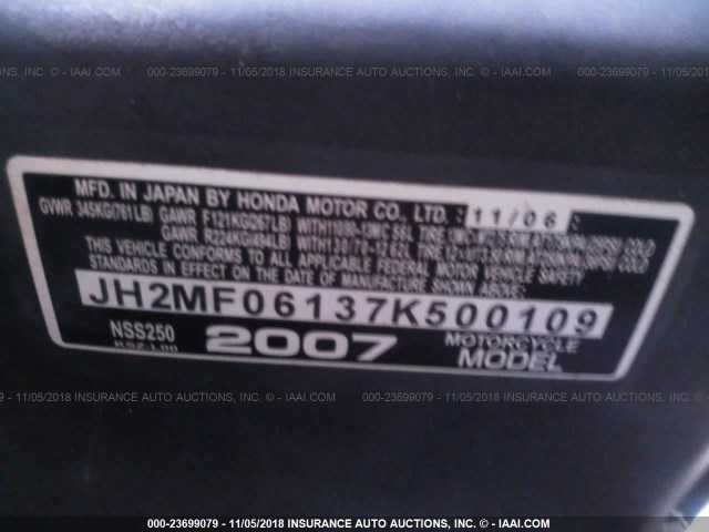 JH2MF06137K500109 - 2007 HONDA NSS250 SILVER photo 10