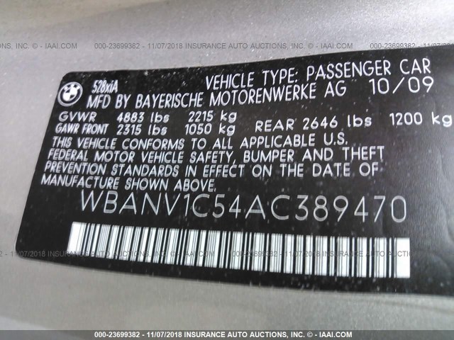 WBANV1C54AC389470 - 2010 BMW 528 XI GOLD photo 9