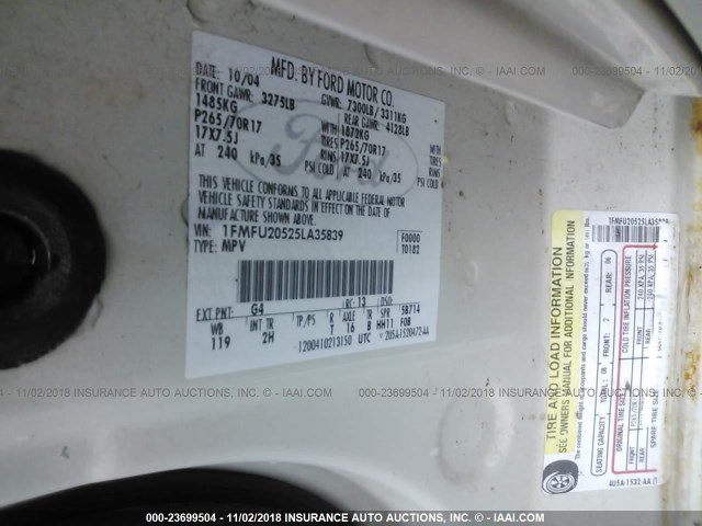 1FMFU20525LA35839 - 2005 FORD EXPEDITION LIMITED WHITE photo 9