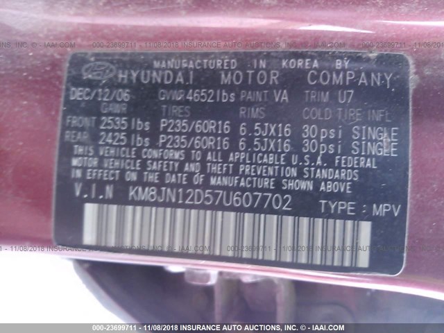 KM8JN12D57U607702 - 2007 HYUNDAI TUCSON RED photo 9