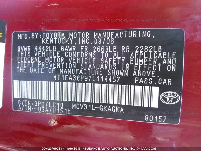 4T1FA38P97U114457 - 2007 TOYOTA CAMRY SOLARA SE/SLE RED photo 9