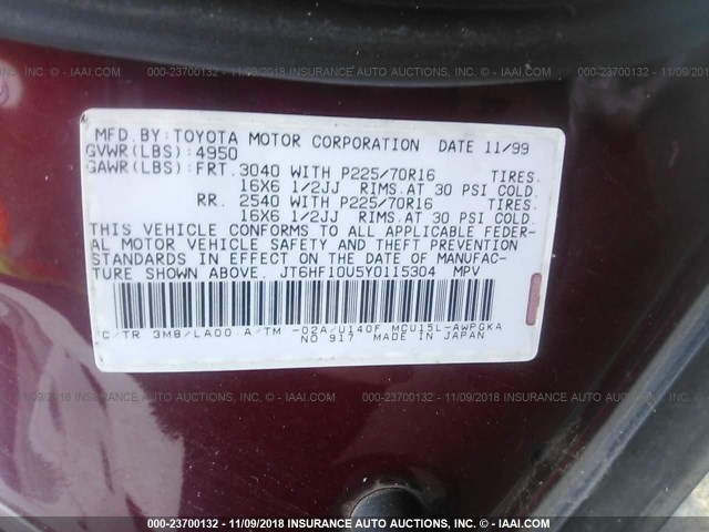 JT6HF10U5Y0115304 - 2000 LEXUS RX 300 RED photo 9