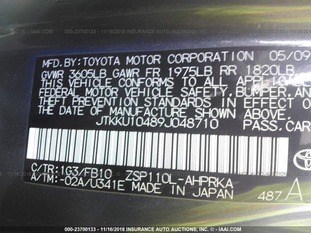 JTKKU10489J048710 - 2009 TOYOTA SCION XD GRAY photo 9