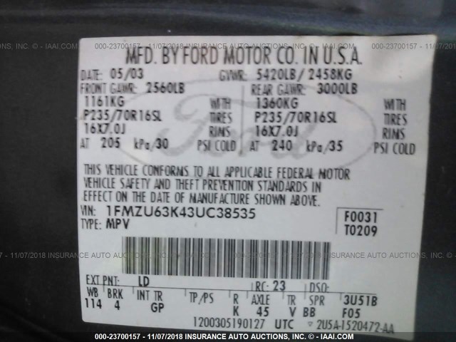 1FMZU63K43UC38535 - 2003 FORD EXPLORER XLT/XLT SPORT/NBX 蓝色 照片 9