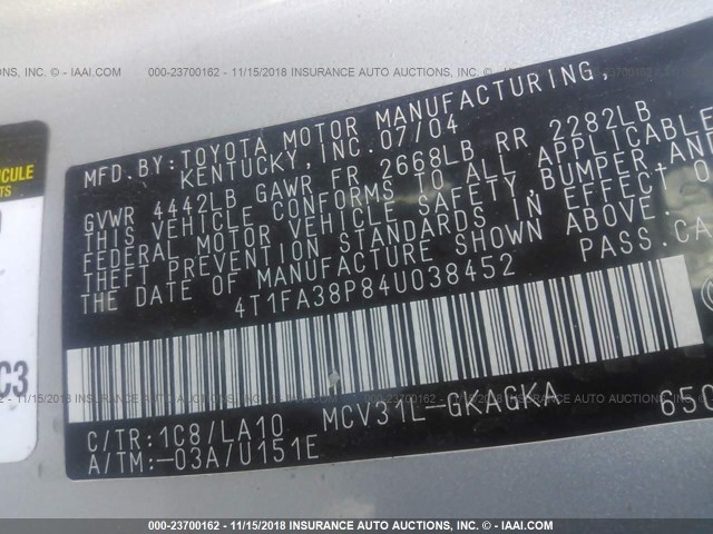 4T1FA38P84U038452 - 2004 TOYOTA CAMRY SOLARA SE/SLE ვერცხლისფერი ფოტო 9