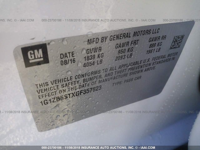 1G1ZB5STXGF357823 - 2016 CHEVROLET MALIBU LS 白色 照片 9