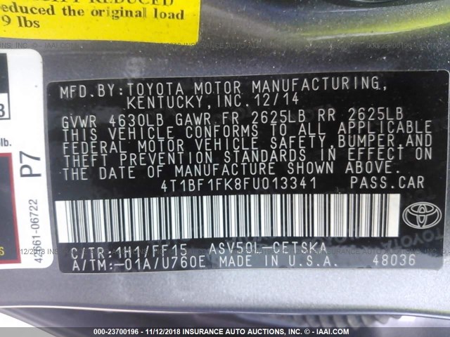 4T1BF1FK8FU013341 - 2015 TOYOTA CAMRY LE/XLE/SE/XSE GRAY photo 9