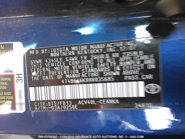 4T4BE46K08R035685 - 2008 TOYOTA CAMRY CE/LE/XLE/SE BLUE photo 9