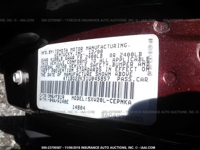 4T1BG22K31U045857 - 2001 TOYOTA CAMRY CE/LE/XLE 栗色 照片 9