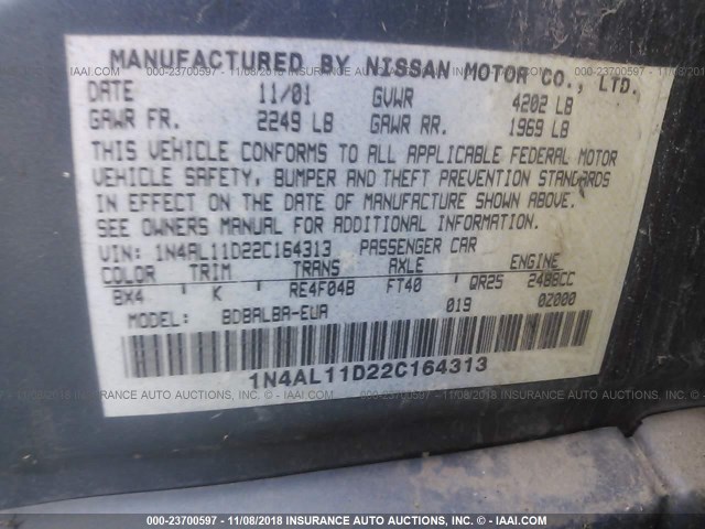 1N4AL11D22C164313 - 2002 NISSAN ALTIMA S/SL BLUE photo 9