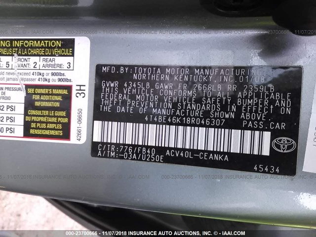 4T4BE46K18R046307 - 2008 TOYOTA CAMRY CE/LE/XLE/SE GREEN photo 9