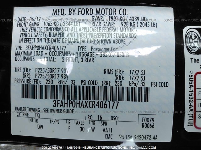 3FAHP0HAXCR406177 - 2012 FORD FUSION SE BURGUNDY photo 9