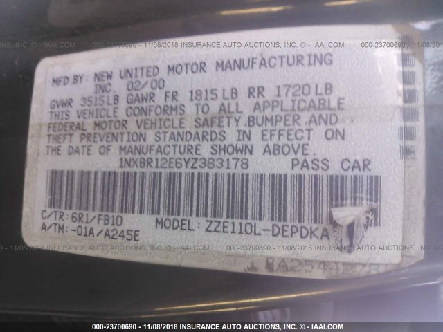 1NXBR12E6YZ383178 - 2000 TOYOTA COROLLA VE/CE/LE GREEN photo 9