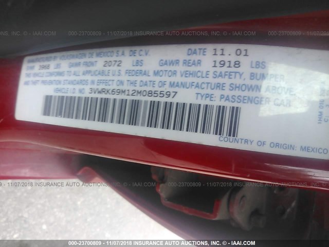 3VWRK69M12M085597 - 2002 VOLKSWAGEN JETTA GL RED photo 9