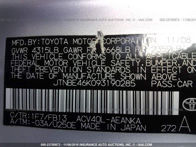 JTNBE46K093190285 - 2009 TOYOTA CAMRY SE/LE/XLE SILVER photo 9