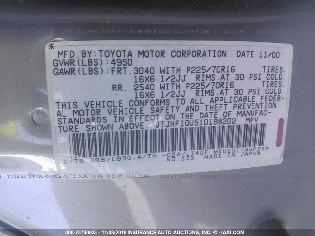 JTJHF10U510188202 - 2001 LEXUS RX 300 SILVER photo 9