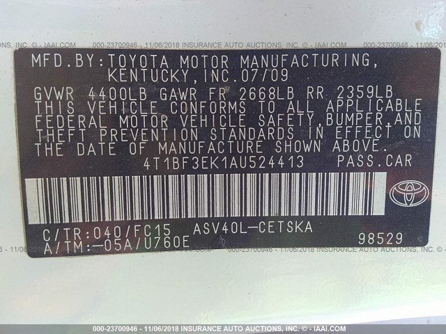 4T1BF3EK1AU524413 - 2010 TOYOTA CAMRY SE/LE/XLE 白色 照片 9