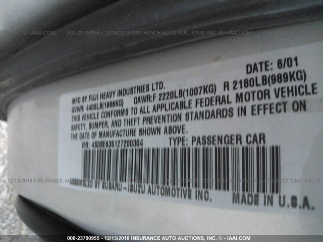 4S3BE635127200304 - 2002 SUBARU LEGACY L SILVER photo 9