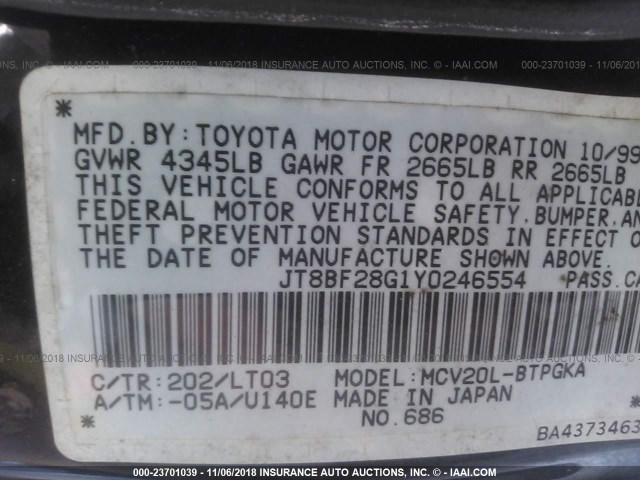 JT8BF28G1Y0246554 - 2000 LEXUS ES 300 BLACK photo 9