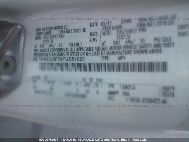 1FMCU0F74FUB51023 - 2015 FORD ESCAPE S WHITE photo 9