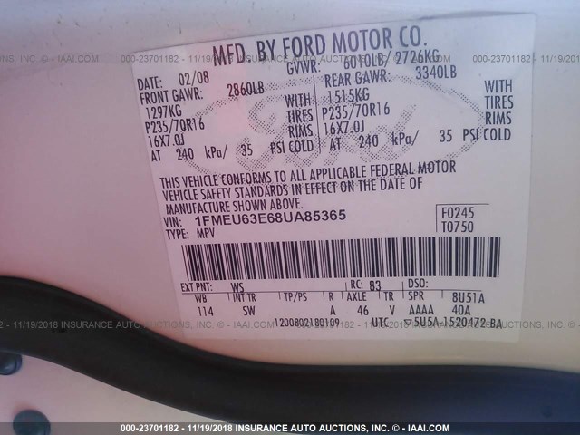 1FMEU63E68UA85365 - 2008 FORD EXPLORER XLT WHITE photo 9