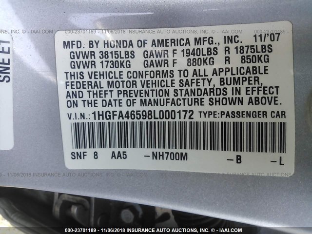 1HGFA46598L000172 - 2008 HONDA CIVIC GX SILVER photo 9