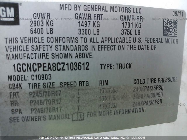 1GCNCPEA8CZ103612 - 2012 CHEVROLET SILVERADO C1500 WHITE photo 9