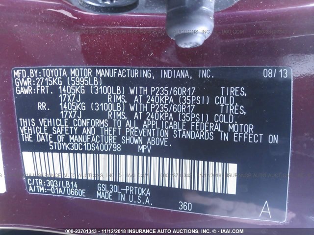 5TDYK3DC1DS400798 - 2013 TOYOTA SIENNA XLE/LIMITED BURGUNDY photo 9