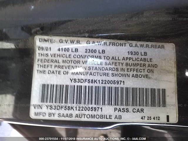 YS3DF58K122005971 - 2002 SAAB 9-3 SE BLUE photo 9