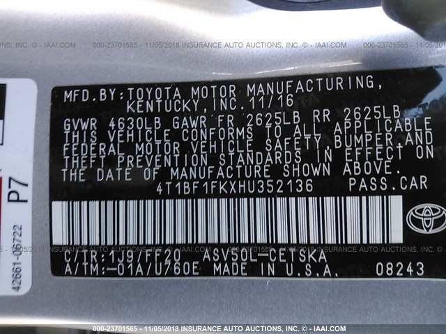 4T1BF1FKXHU352136 - 2017 TOYOTA CAMRY LE/XLE/SE/XSE SILVER photo 9