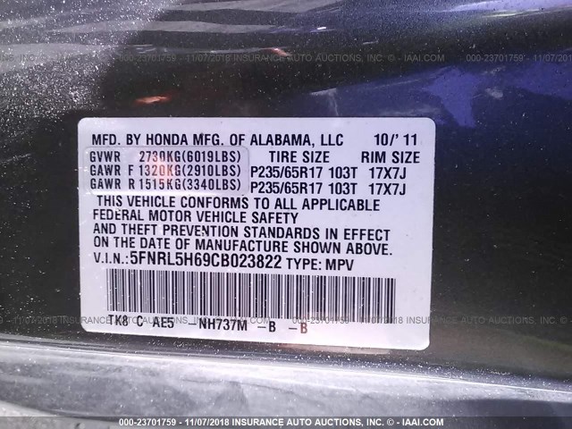 5FNRL5H69CB023822 - 2012 HONDA ODYSSEY EXL GRAY photo 9