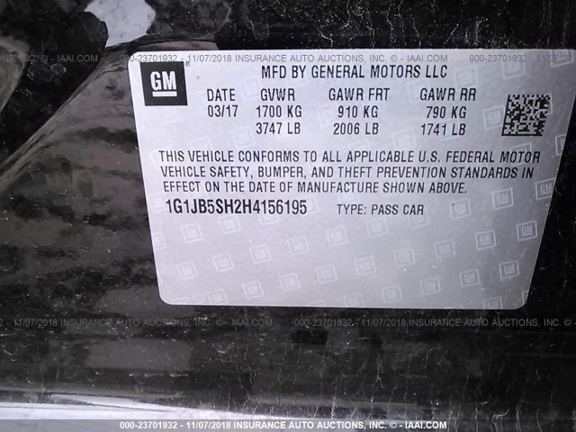 1G1JB5SH2H4156195 - 2017 CHEVROLET SONIC LS 黑色 照片 9