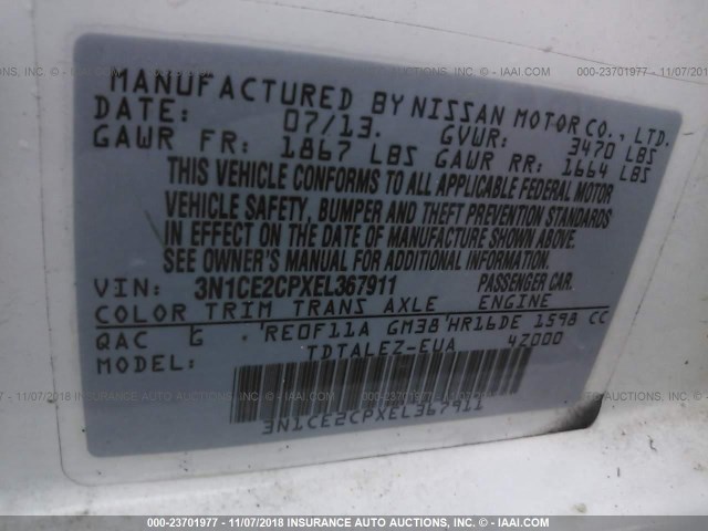 3N1CE2CPXEL367911 - 2014 NISSAN VERSA NOTE S/S PLUS/SV/SL WHITE photo 9