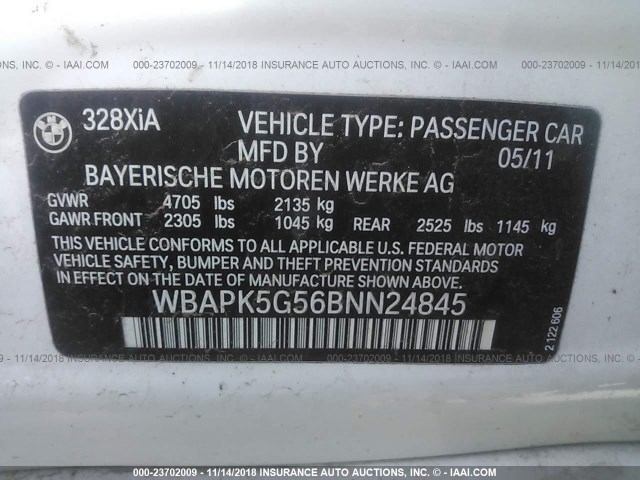 WBAPK5G56BNN24845 - 2011 BMW 328 XI SULEV WHITE photo 9
