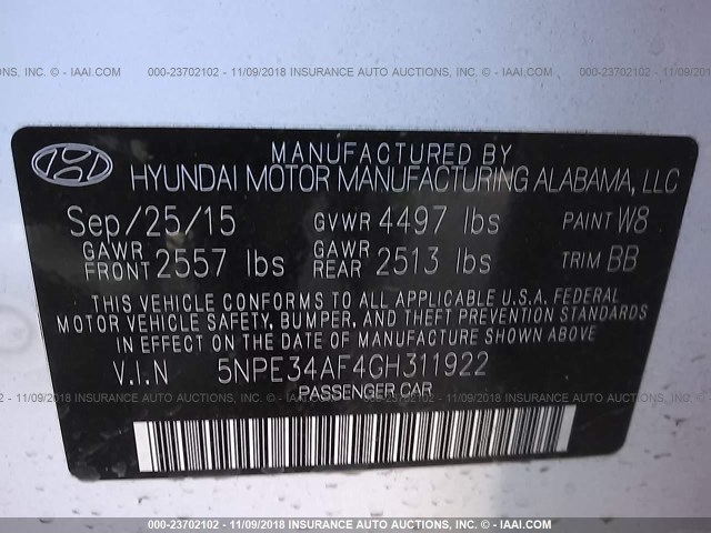 5NPE34AF4GH311922 - 2016 HYUNDAI SONATA SPORT/LIMITED WHITE photo 9