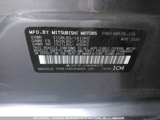 ML32F3FJ1HH004275 - 2017 MITSUBISHI MIRAGE G4 ES GRAY photo 9