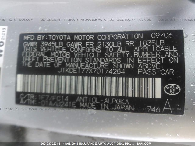 JTKDE177X70174284 - 2007 TOYOTA SCION TC ვერცხლისფერი ფოტო 9