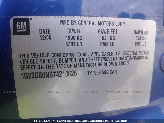 1G2ZG58N674210626 - 2007 PONTIAC G6 SE BLUE photo 9