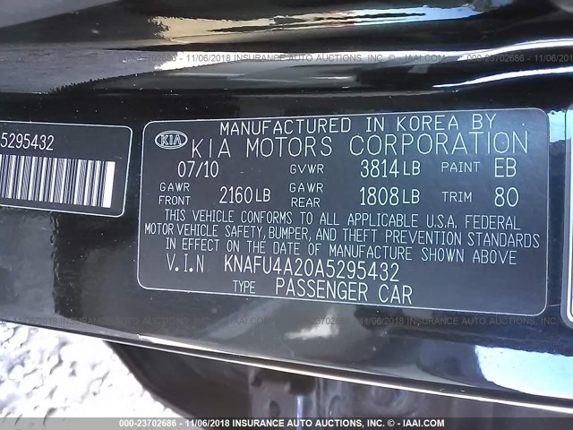 KNAFU4A20A5295432 - 2010 KIA FORTE EX BLACK photo 9