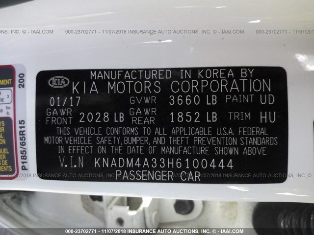 KNADM4A33H6100444 - 2017 KIA RIO LX WHITE photo 9