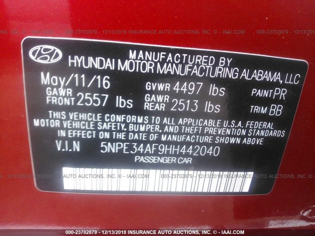 5NPE34AF9HH442040 - 2017 HYUNDAI SONATA SPORT/LIMITED RED photo 9