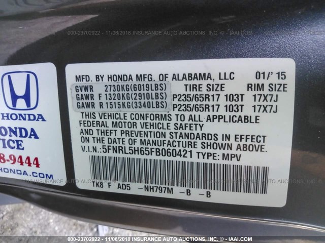 5FNRL5H65FB060421 - 2015 HONDA ODYSSEY EXL GRAY photo 9